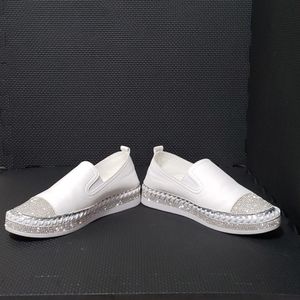 Shuntian White Leather and Rhinestone Sneakers
